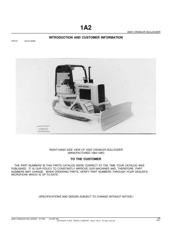 John Deere 450D Crawlers Parts Catalog Manual – PC1891