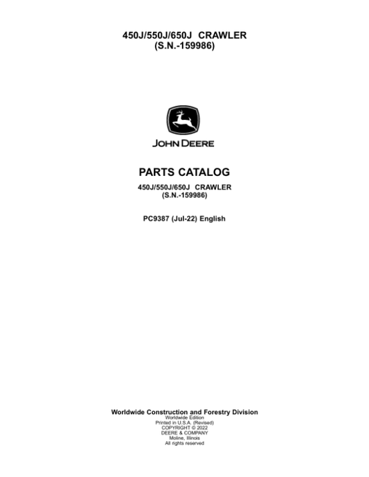 John Deere 450J, 550J, 650J Crawlers (SN –159986) Parts Catalog Manual – PC9387