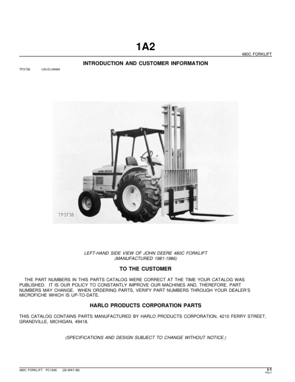 John Deere 480C Forklifts Parts Catalog Manual – PC1846