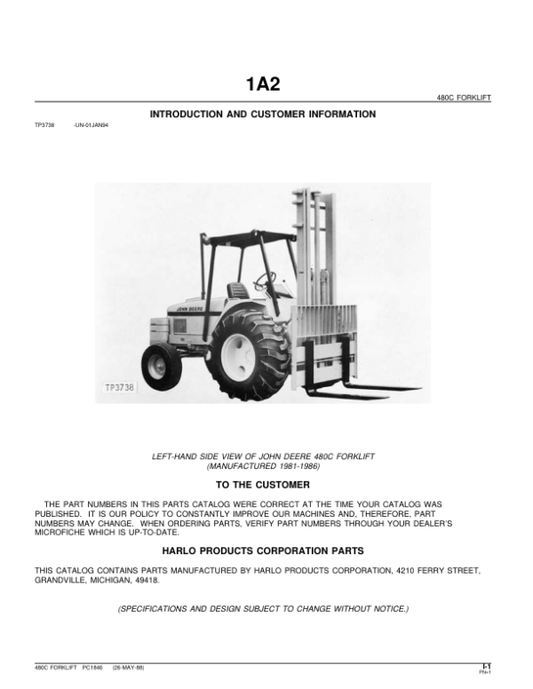 John Deere 480C Forklifts Parts Catalog Manual – PC1846