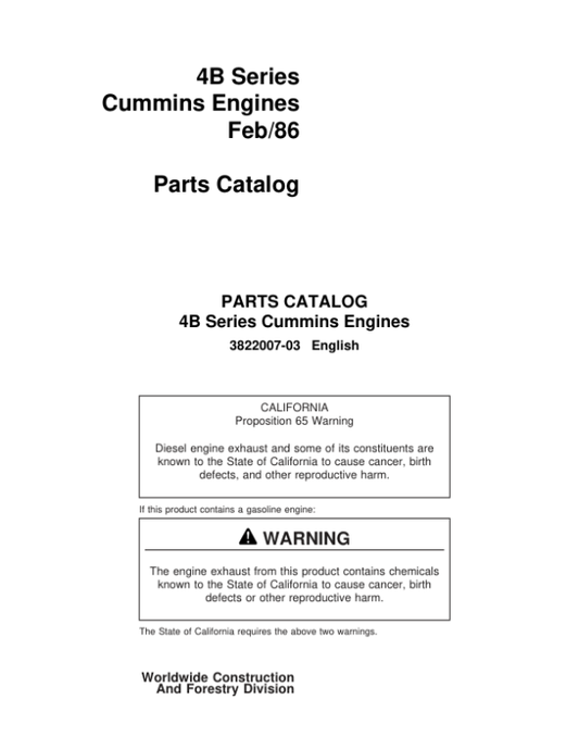 John Deere 4B3.9, 4BT3.9, 4BTA3.9 Cummins Engines Parts Catalog Manual – 3822007-03