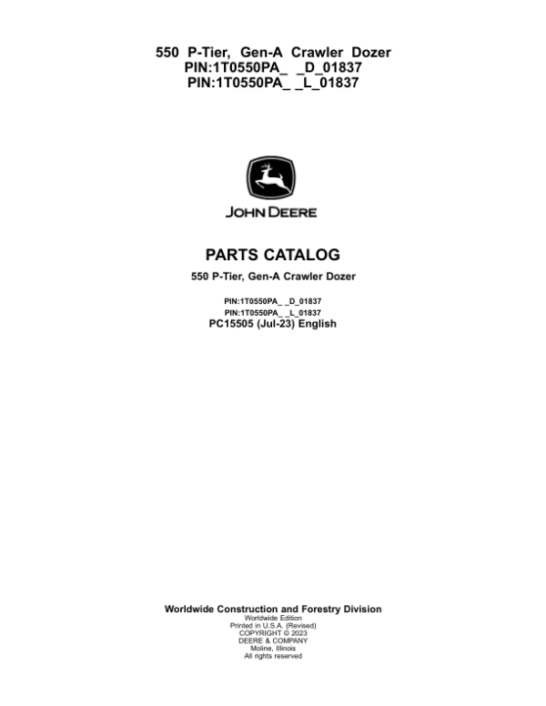 John Deere 550 P Crawler Dozers (SN D_018371- & M_01837-) Parts Catalog Manual – PC15505