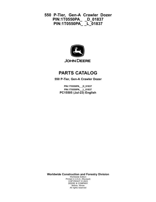 John Deere 550 P Crawler Dozers (SN D_018371- & M_01837-) Parts Catalog Manual – PC15505