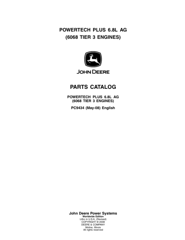 John Deere 6.8L, 6068 Engines Tier 3 Parts Catalog Manual – PC9434