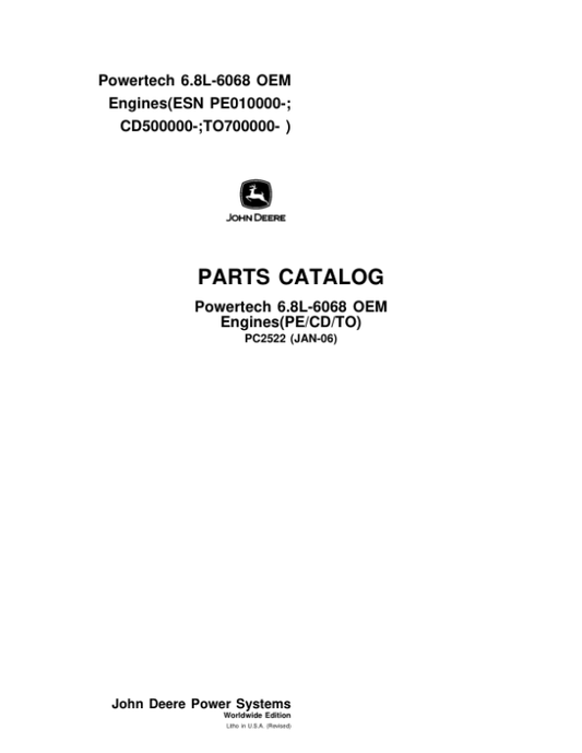 John Deere 6.8L Engines (see description for applicable model) Parts Catalog Manual – PC2522