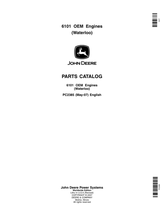 John Deere 6101, 6101AF010, 6101HF010 Engines Parts Catalog Manual – PC2385