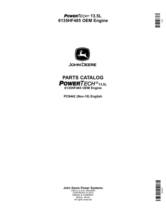 John Deere 6135, 6135HF485 Engines Parts Catalog Manual – PC9442
