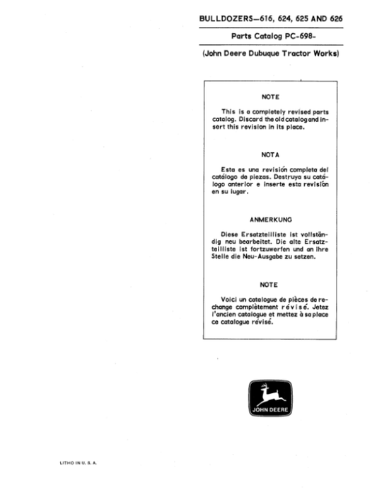 John Deere 616, 624, 625, 626 Attachments (BULLDOZER BLADE) Parts Catalog Manual – PC698