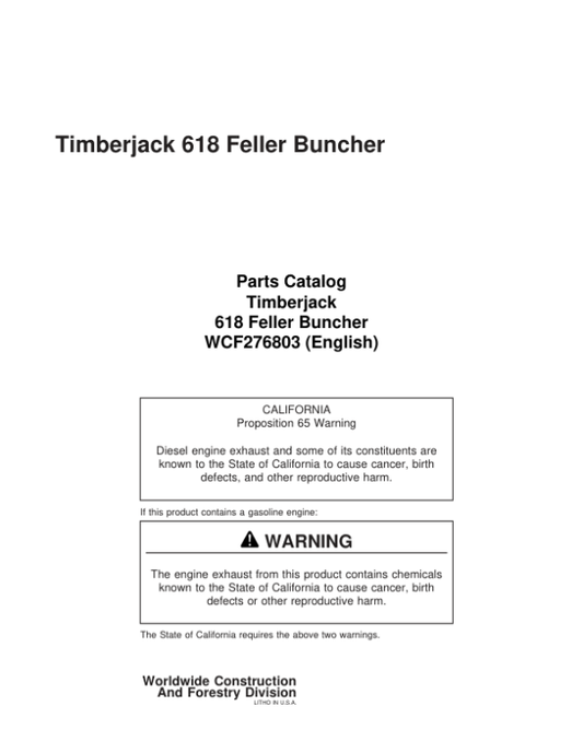 John Deere 618 Tracked Feller Bunchers (SN CI9147–) Parts Catalog Manual – WCF276803