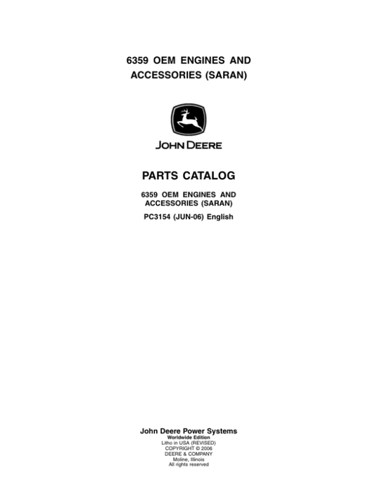 John Deere 6359 Engines Parts Catalog Manual – PC3154