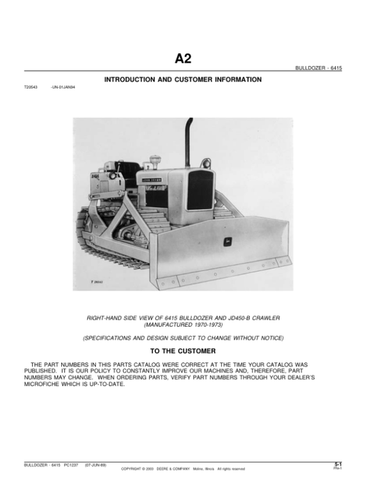 John Deere 6415, 450B Attachments (YR 1970-1973) Parts Catalog Manual – PC1237