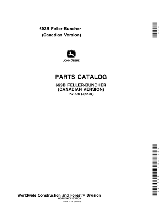John Deere 693B Tracked Feller Bunchers Parts Catalog Manual – PC1580