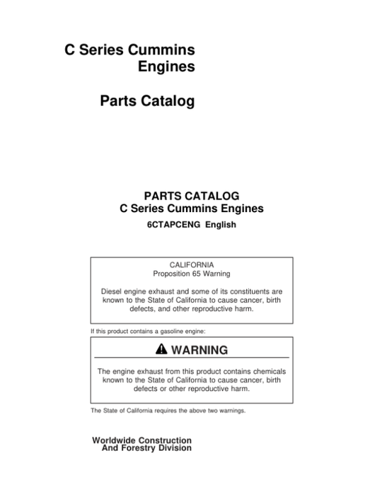 John Deere 6C, 6CT, 6CTA8.3 Series Cummins Engines Parts Catalog Manual