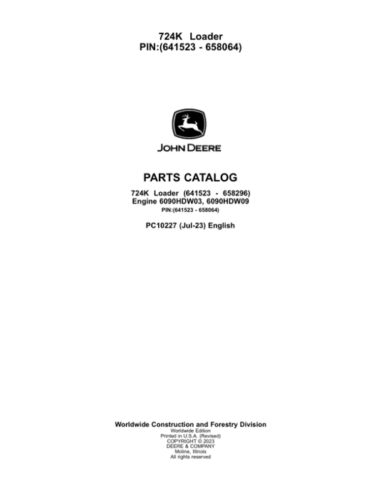 John Deere 724K Loaders (SN 641523 – 658064) Parts Catalog Manual – PC10227