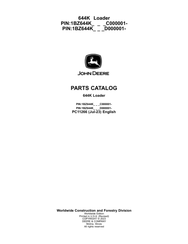 John Deere 724K Loaders (SN C000001- & D000001-) Parts Catalog Manual – PC11266