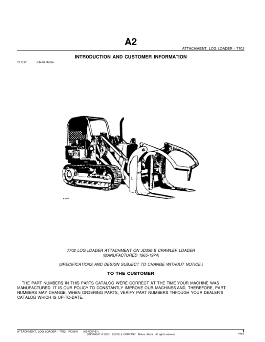 John Deere 7702 Log Loader Attachment on a 350B Crawler Loader Parts Catalog Manual – PC941