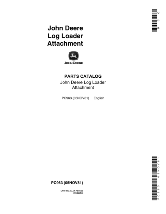 John Deere 7712 Attachments (Log Loader Attachement Only) Parts Catalog Manual – PC963