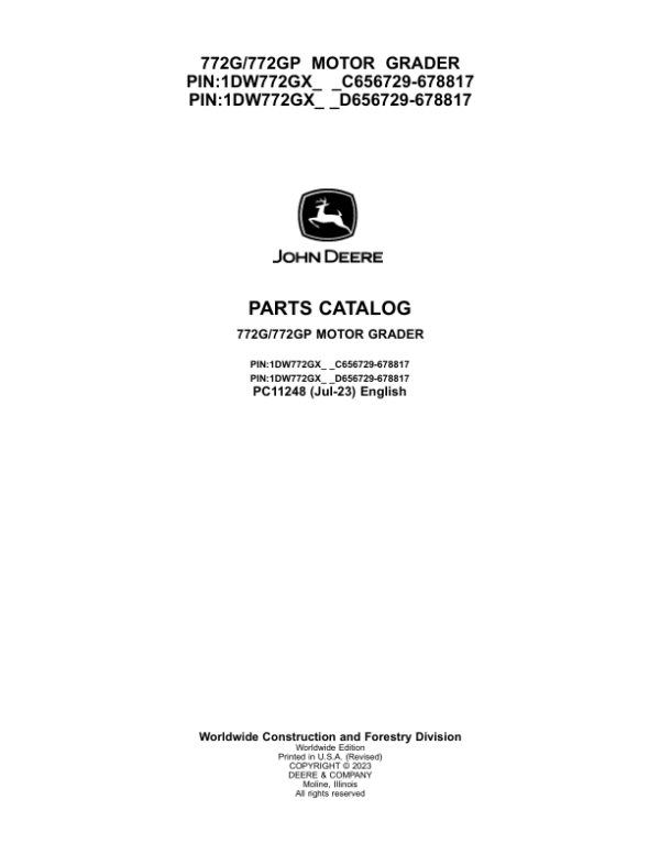 John Deere 772G, 772GP Graders (SN C656729- & D656729-) Parts Catalog Manual – PC11248
