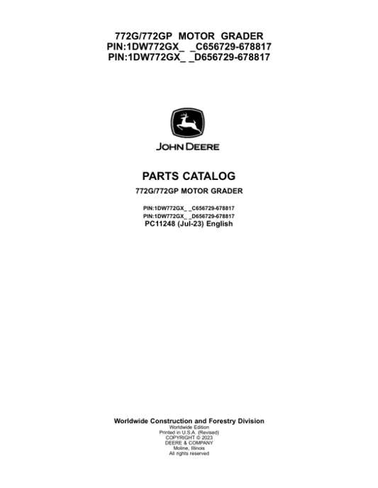 John Deere 772G, 772GP Graders (SN C656729- & D656729-) Parts Catalog Manual – PC11248