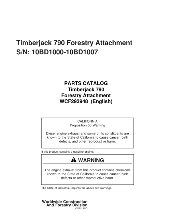 John Deere 790 Attachments (SN 10BD1000-10BD1006) Parts Catalog Manual – WCF293948