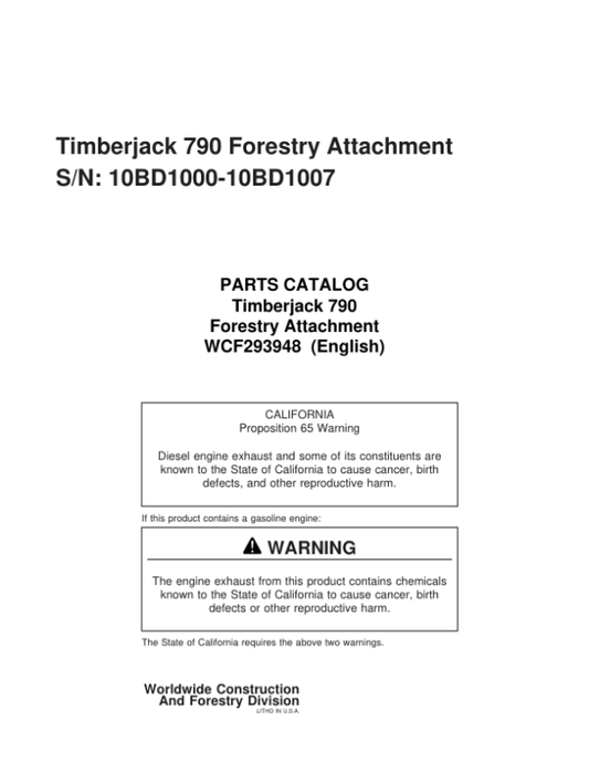 John Deere 790 Attachments (SN 10BD1000-10BD1006) Parts Catalog Manual – WCF293948