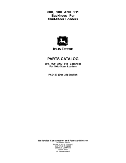 John Deere 800, PRO900, PRO911 Backhoes Attachments (SN 010001 – 025000) Parts Catalog Manual – PC2427