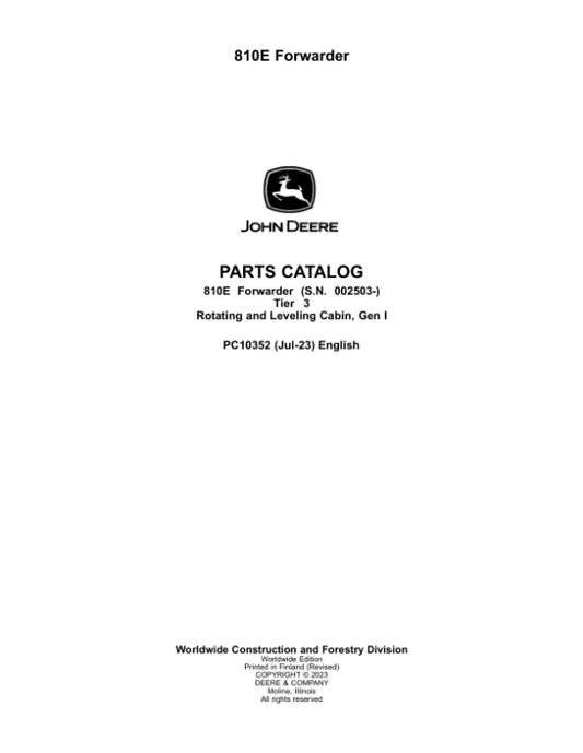 John Deere 810E T3 Forwarders (SN 002503-002736) Parts Catalog Manual – PC10352