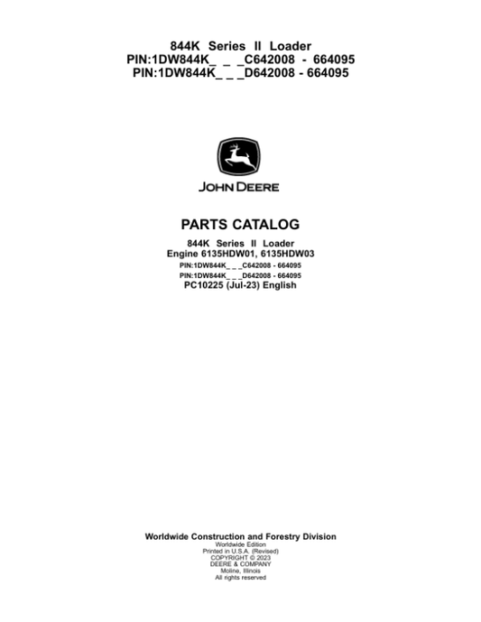 John Deere 844K Loaders (SN C642008 – 664095 & D642008 – 664095) Parts Catalog Manual – PC10225
