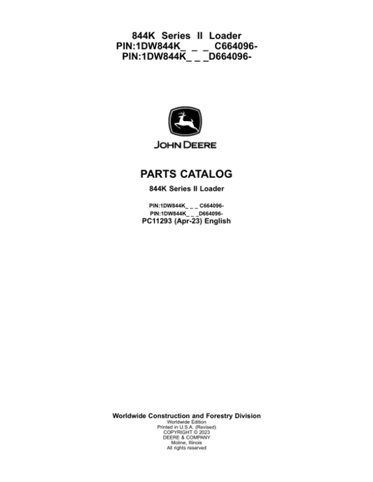 John Deere 844K Series II Crawlers (SN C664096- & D664096-) Parts Catalog Manual – PC11293