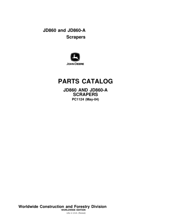 John Deere 860, 860A Scrapers Parts Catalog Manual – PC1124