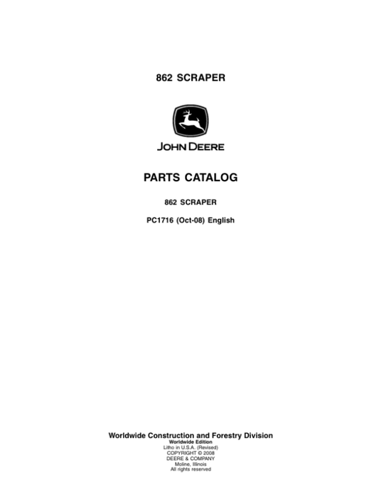 John Deere 862 Scrapers Parts Catalog Manual – PC1716