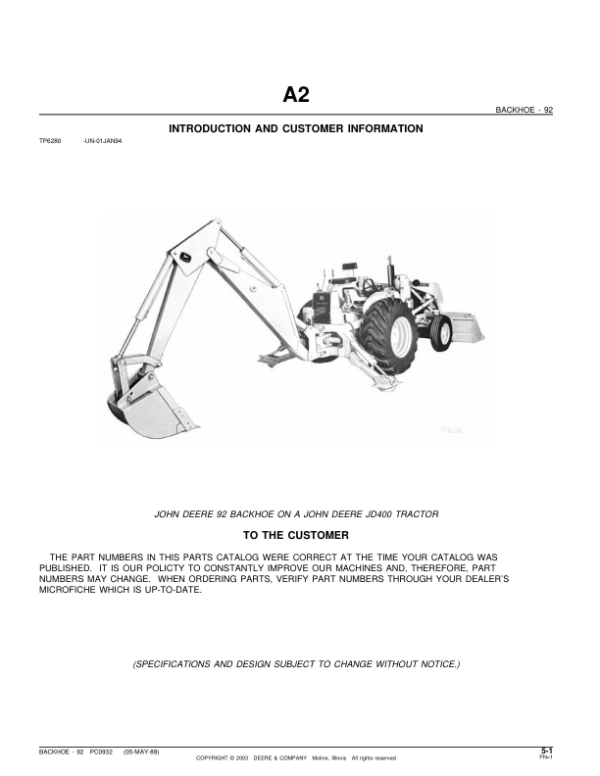 John Deere 92 Attachments (SN 92 Backhoe Attachment on a JD400 Tractor) Parts Catalog Manual – PC932
