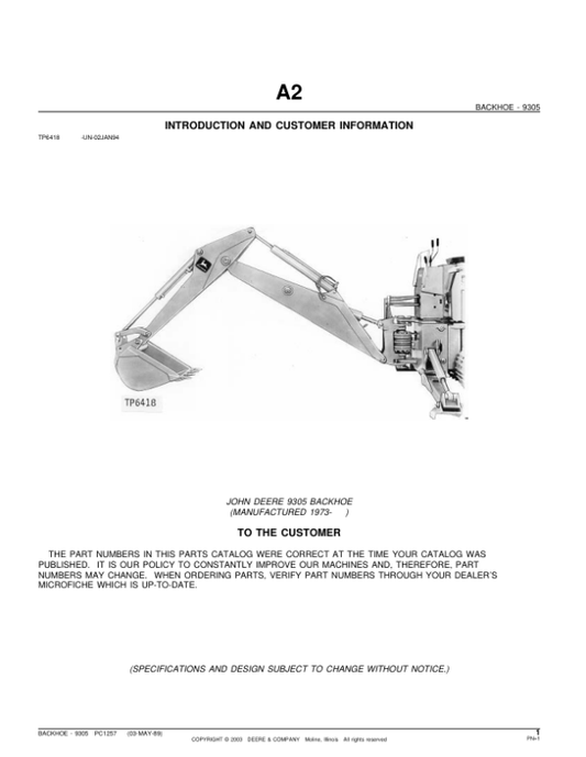 John Deere 9305 Attachments (9305 BACKHOE (MANUFACTURED 1973- ) Parts Catalog Manual