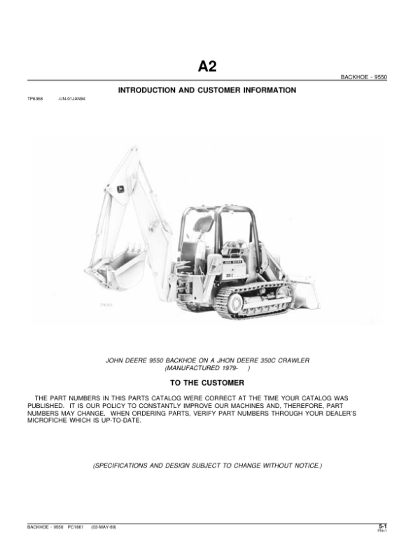 John Deere 9550 Attachments (SN 9550 BACKHOE ON A JD 350C TRACTOR (YR 1979-) Parts Catalog Manual – PC1661