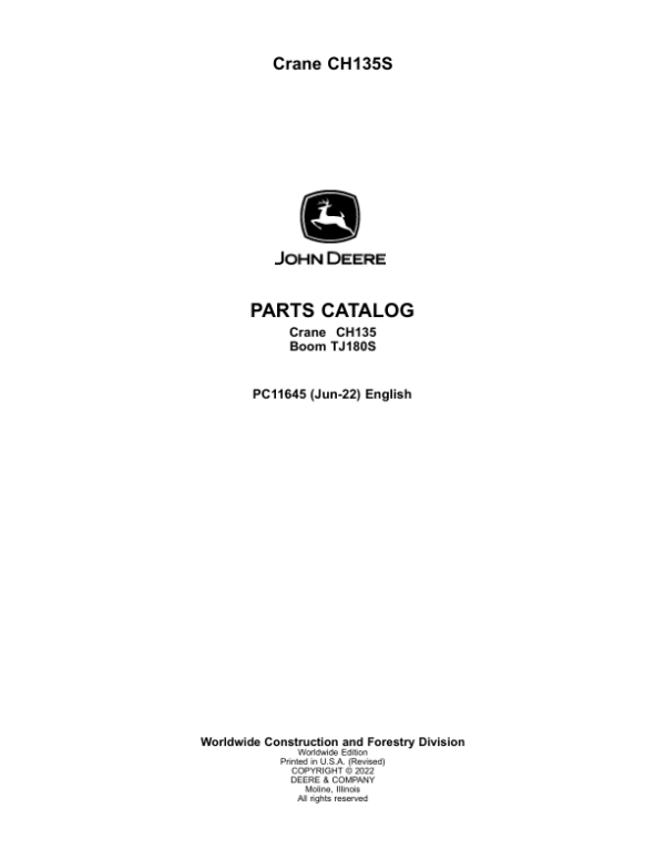 John Deere CH135S Cranes Parts Catalog Manual – PC11645