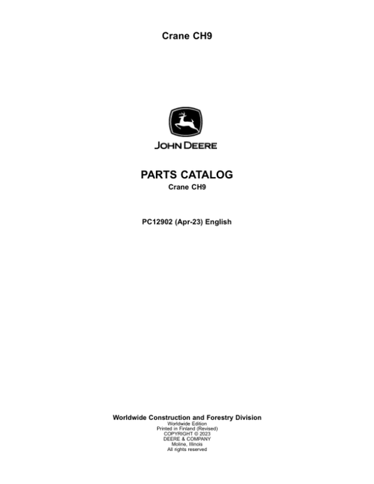 John Deere CH95 Crane Attachments Parts Catalog Manual – PC12902