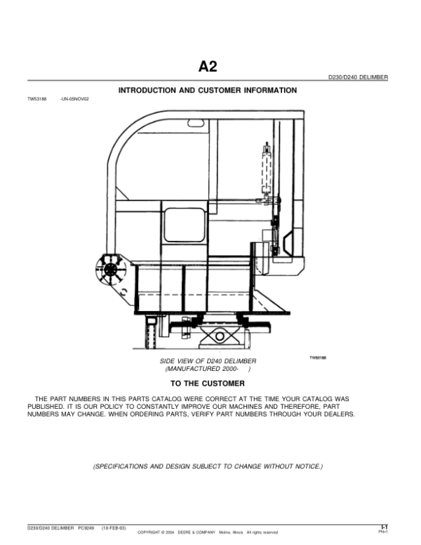 John Deere D230, D240 Delimber Attachments Parts Catalog Manual – PC9249