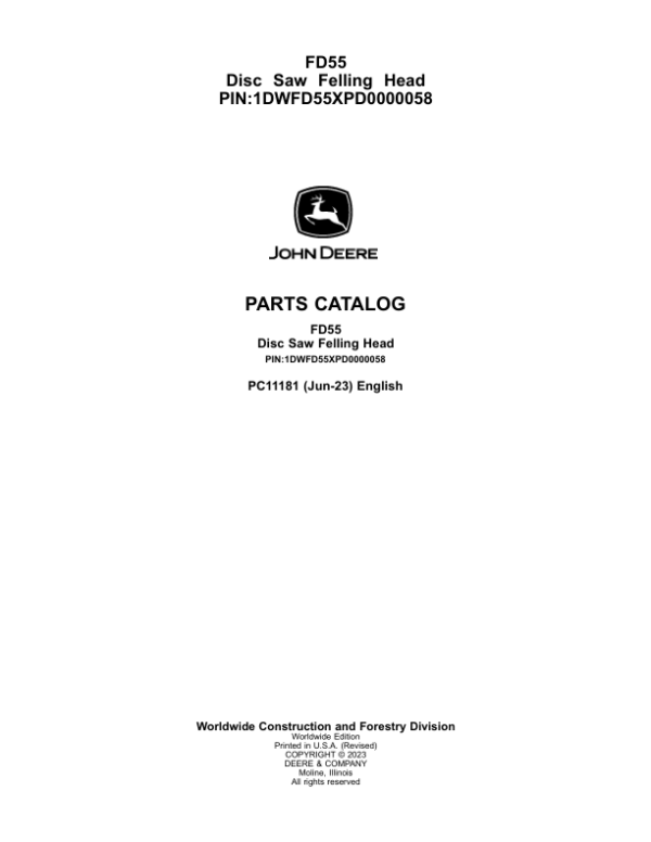 John Deere FD55 Felling Heads Parts Catalog Manual – PC11181