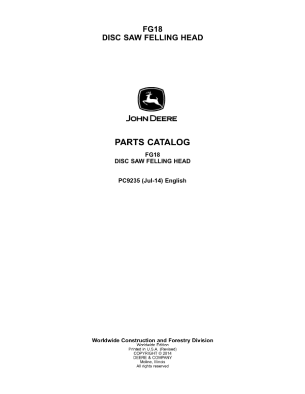 John Deere FG18 Felling Heads Parts Catalog Manual – PC9235