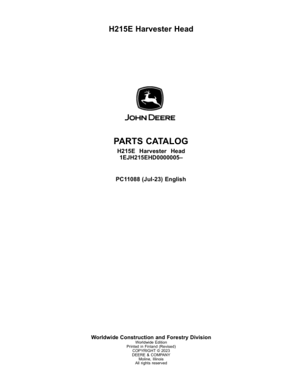 John Deere H215E Harvesting Heads (SN 1EJH215EHD0000005–) Parts Catalog Manual – PC11088