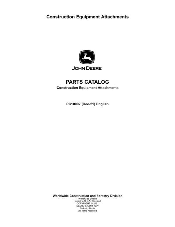 John Deere HH75, HH100, SP10B, SP12B, PA40 (Breaker & Snow Push & Auger) Parts Catalog Manual – PC10097