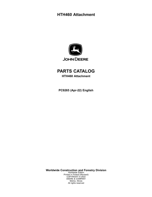 John Deere HTH460 Felling Heads Parts Catalog Manual – PC9265