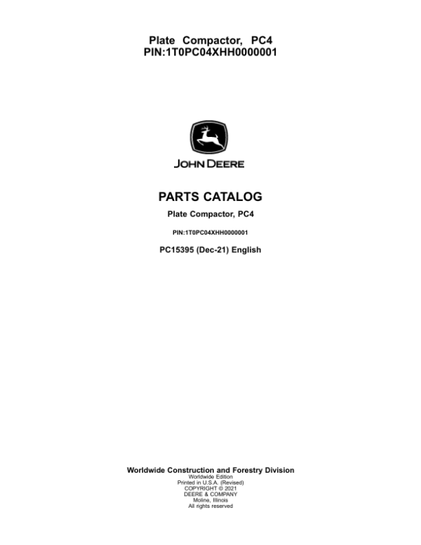 John Deere PC4 Plate Compactor (SN 1T0PC04X__0000001-) Parts Catalog Manual – PC15395