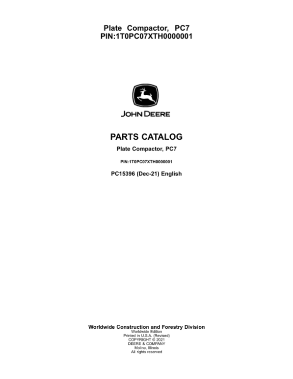 John Deere PC7 Plate Compactor (SN 1T0PC07X__0000001-) Parts Catalog Manual – PC15396
