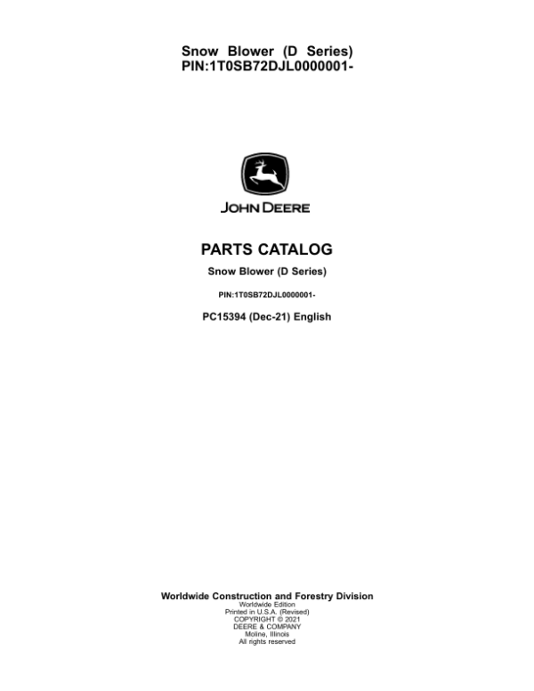 John Deere SB72D, SB78D, SB84D Snow Blowers (SN L0000001-) Parts Catalog Manual – PC15394