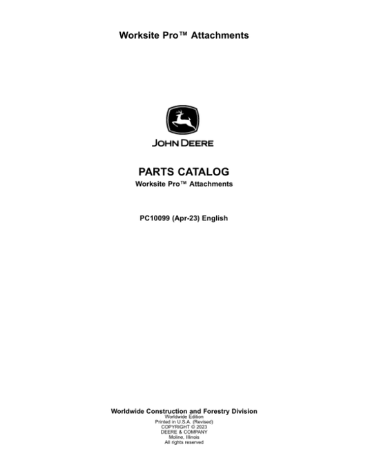 John Deere Snow Pushnow BladeBale Spears Parts Catalog Manual – PC10099