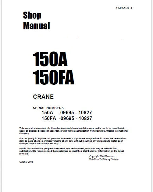 Komatsu 150A, 150FA Mobile Crane Pdf Repair Service Manual Sn 09695 - 10827