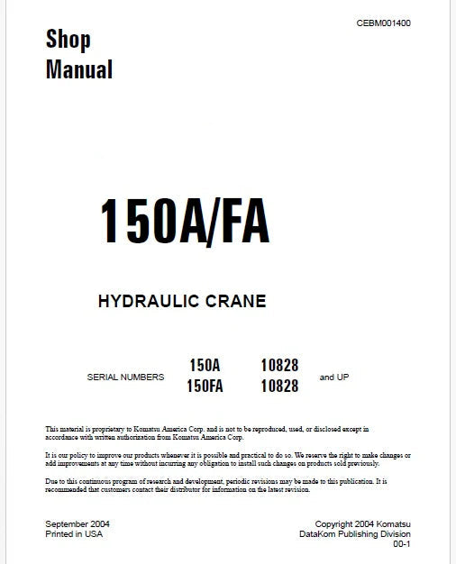 Komatsu 150A, 150FA Mobile Crane Pdf Repair Service Manual Sn 10828 and UP