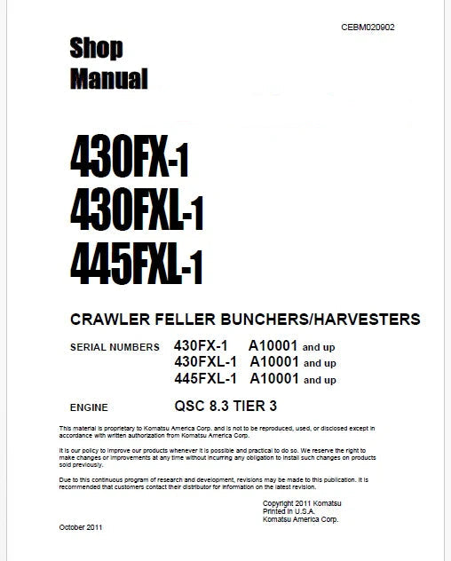 Komatsu 430FX-1, 430FXL-1, 445FXL-1 Crawler Feller Bunchers/Harvesters Pdf Repair Service Manual Sn A10001 and UP