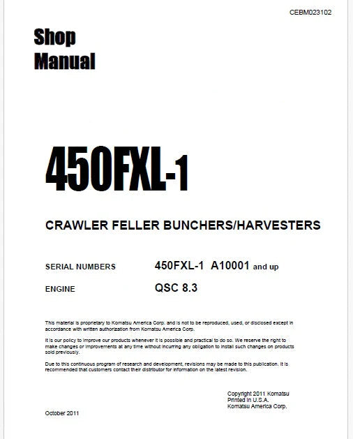 Komatsu 450FXL-1 Crawler Feller Bunchers/Harvesters Pdf Repair Service Manual Sn A10001 and UP